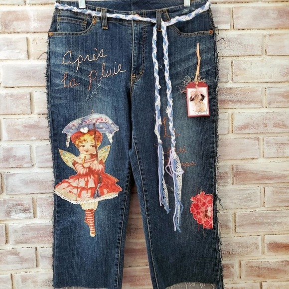 Hand Crafted Denim - Upcycled Boho Re-Styled Jeans Vintage Lace Handstitched Embroidered Size 12